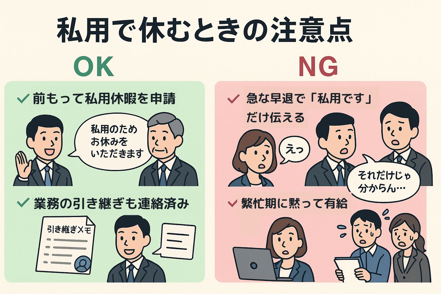 仕事を休む理由に「私用」は使える？休むときの例文や注意点を紹介