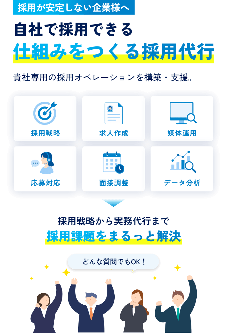 採用が安定しない企業様へ自社で採用できる仕組みをつくる採用代行 どんな質問でもOK！ 採用戦略から実務代行まで採用課題をまるっと解決